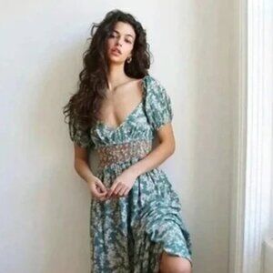 FREE PEOPLE BoHo Gauze Ellie Print Smocked midi maxi dress small B1703